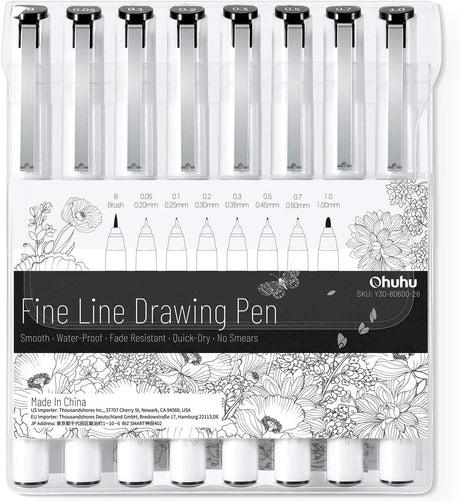 Ohuhu Fineliner Pens Micro Drawing Pens: 8-size Tips (Ultra-fine, Fine & Brush) Waterproof Pigment Black Ink for Illustration Drawing Journaling Sketching for Artist Beginners Ohuhu