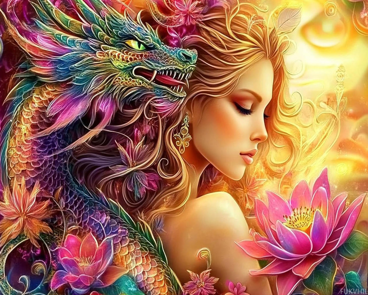 Beauty and Green Dragon Paint by Numbers Kits 16x20 inch Canvas Lotus Flower Woman Fairy DIY Oil Painting for Adults Beginner with Brushes and Acrylic Pigment Woman with Dragon Scenery (Without Frame) FUKVHIL