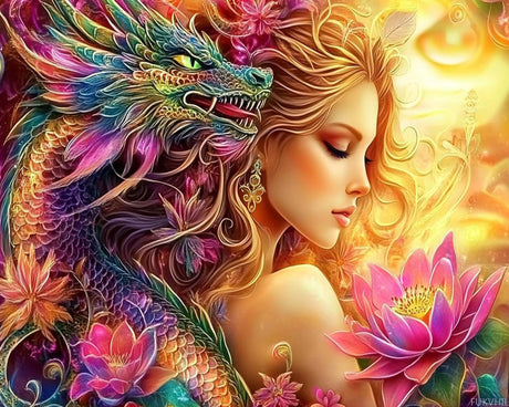 Beauty and Green Dragon Paint by Numbers Kits 16x20 inch Canvas Lotus Flower Woman Fairy DIY Oil Painting for Adults Beginner with Brushes and Acrylic Pigment Woman with Dragon Scenery (Without Frame) FUKVHIL