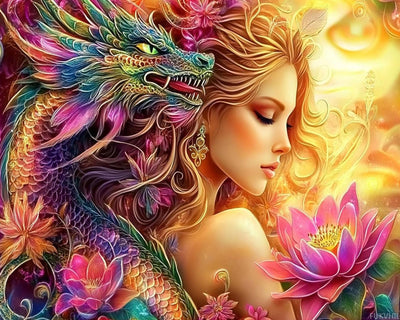 Beauty and Green Dragon Paint by Numbers Kits 16x20 inch Canvas Lotus Flower Woman Fairy DIY Oil Painting for Adults Beginner with Brushes and Acrylic Pigment Woman with Dragon Scenery (Without Frame)