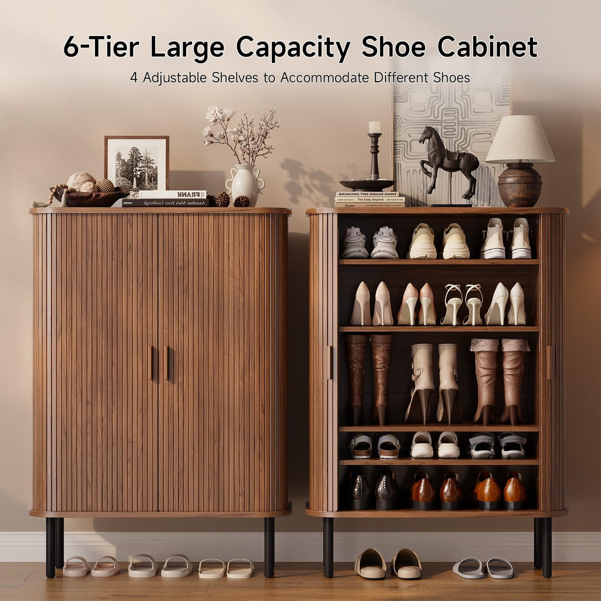 ONBRILL 6-Tier Shoe Cabinet with Sliding Door, Wooden Shoe Storage Cabinet with Adjustable Shelves, Mid-Century Modern Freestanding Shoe Storage Organizer for Entryway, Hallway, Living Room, Walnut ONBRILL