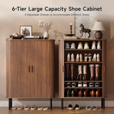 ONBRILL 6-Tier Shoe Cabinet with Sliding Door, Wooden Shoe Storage Cabinet with Adjustable Shelves, Mid-Century Modern Freestanding Shoe Storage Organizer for Entryway, Hallway, Living Room, Walnut ONBRILL