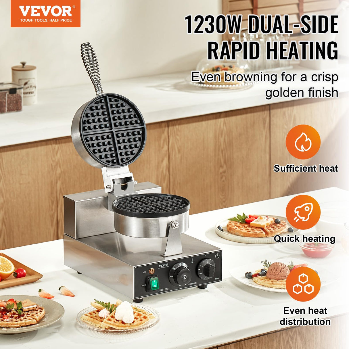 VEVOR Commercial Waffle Maker, 1230W Round Waffle Baker Machine, Non-Stick Stainless Steel Belgian Waffle Iron with Temperature and Time Control, Handle, for Restaurant Bakery Snack Bar Family VEVOR