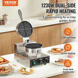 VEVOR Commercial Waffle Maker, 1230W Round Waffle Baker Machine, Non-Stick Stainless Steel Belgian Waffle Iron with Temperature and Time Control, Handle, for Restaurant Bakery Snack Bar Family VEVOR