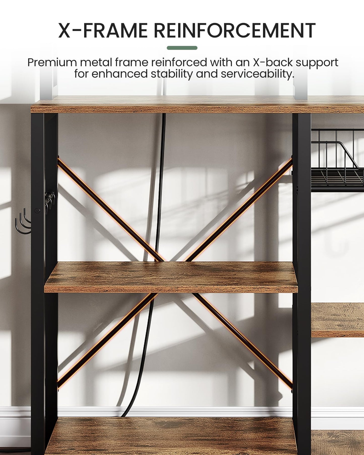 Kitchen Bakers Rack with Power Outlet, Microwave Stand with Multiple Shelves, Floor Standing Bakers Rack, Coffee Bar with Mesh Basket, for Kitchen, Dining Room, Rustic Brown and Black THB01UBF