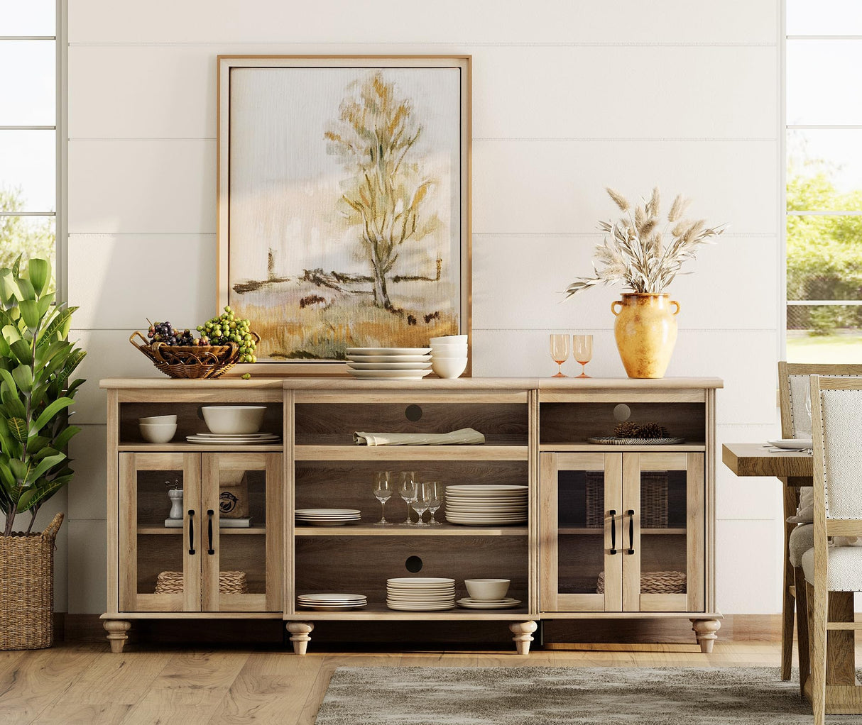 WAMAPT Buffet Cabinet with 4 Glass Doors, Large Coffee Bar Tables Wood Kitchen Storage Cabinets with 9 Storages, Modern Farmhouse Sideboard Credenza for Dining Room, Oak, 70 inch WAMPAT