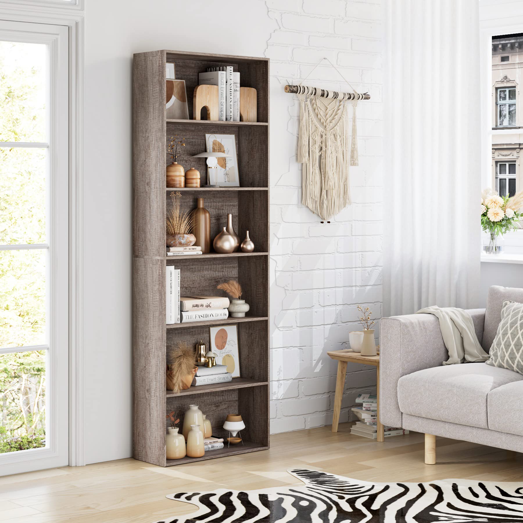 FOTOSOK 6-Tier Oak Open Bookcase – Stylish Freestanding Storage for Living Room, Bedroom & Office - WoodArtSupply