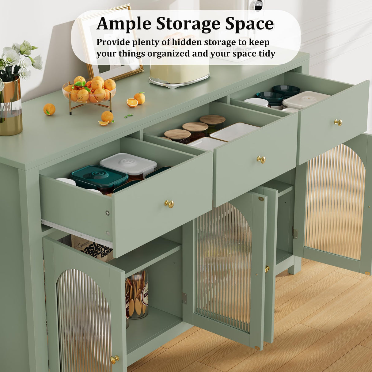 FINETONES Buffet Cabinet with Storage, 55.1" Large Sideboard Buffet, Farmhouse Kitchen Cabinet with 3 Drawers and 4 Doors, Wood Coffee Bar Table for Kitchen, Green FINETONES