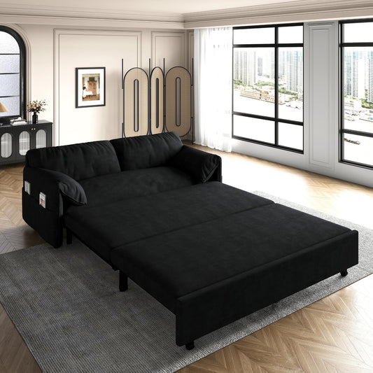 3 in 1 Convertible Queen Sleeper Sofa Bed Comfy Pull Out Futon Couch Bed 63.8" Modern Velvet Recliner Loveseat Sofa Multi-Functional Black Cloud Couch for Living Room,Apartment,Office (Black 63.8")