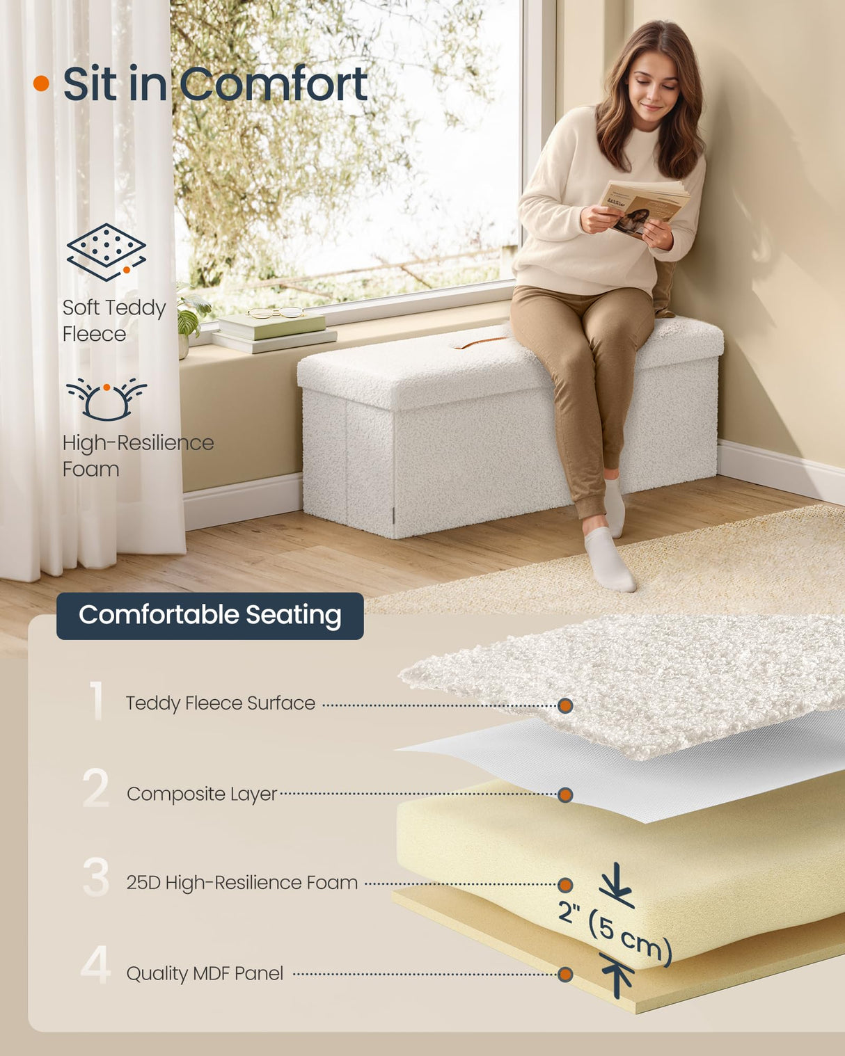 SONGMICS HOME Storage Ottoman Bench, Storage Chest, 15 x 43 x 15 Inches, Foot Rest Stool, End of Bed Bench, Load up to 660 lb, for Living Room, Bedroom, Entryway, Cream White ULSF097W01 SONGMICS HOME