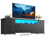Huuger 63 Inch TV Stand for 65, 70 Inch TV, 11 Drawer Long Dresser with Power Outlets and LED Lights, Entertainment Center with Storage, Black Dresser with PU Leather Surface Huuger