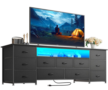 Huuger 63 Inch TV Stand for 65, 70 Inch TV, 11 Drawer Long Dresser with Power Outlets and LED Lights, Entertainment Center with Storage, Black Dresser with PU Leather Surface Huuger