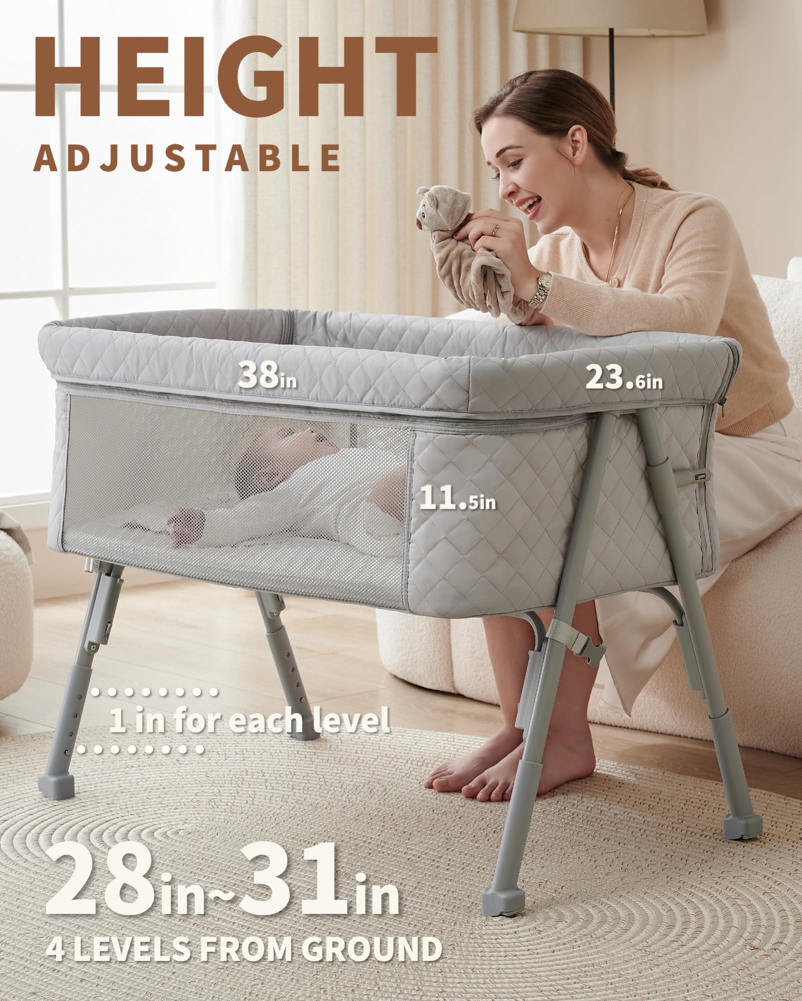 AirClub Bassinet Bedside Sleeper, Baby Bed Crib for Newborn, Bedside Crib Sleeper with 4 Auto-Lock & Adjustable Height, Breathable Mesh&Mattress - WoodArtSupply