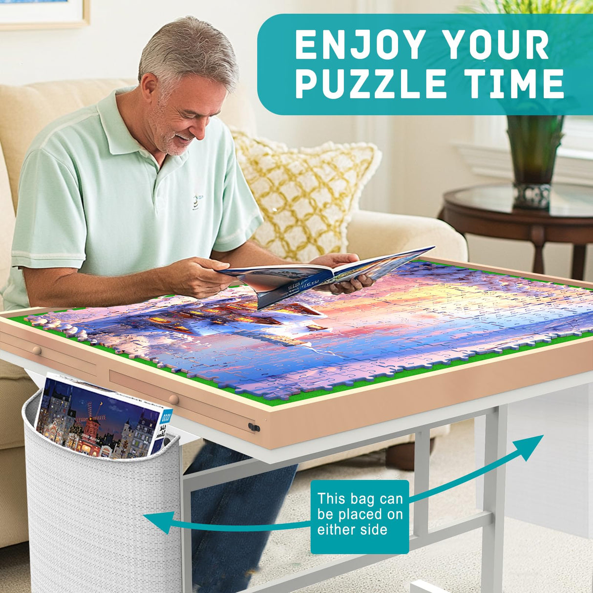 Doerpuz Jigsaw Puzzle Table 1500pcs,Puzzle Table with Legs and Storage Pocket,5 Adjustable Up Level Puzzle Tables for Adults，Puzzle Table with Drawers and Wheels,Wooden and Green Color Doerpuz