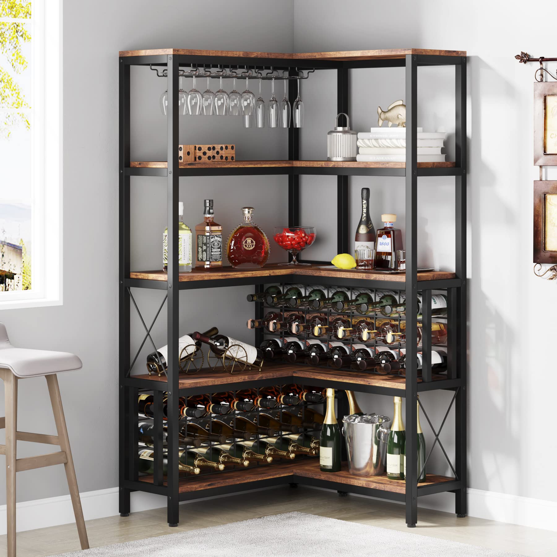 Tribesigns Large Corner Wine Rack, 5-Tier L Shaped Industrial Freestanding Floor Bar Cabinets for Liquor and Glasses Storage, Wooden Wine Bottle Holder Shelf for Home Kitchen (Rustic Brown) - WoodArtSupply