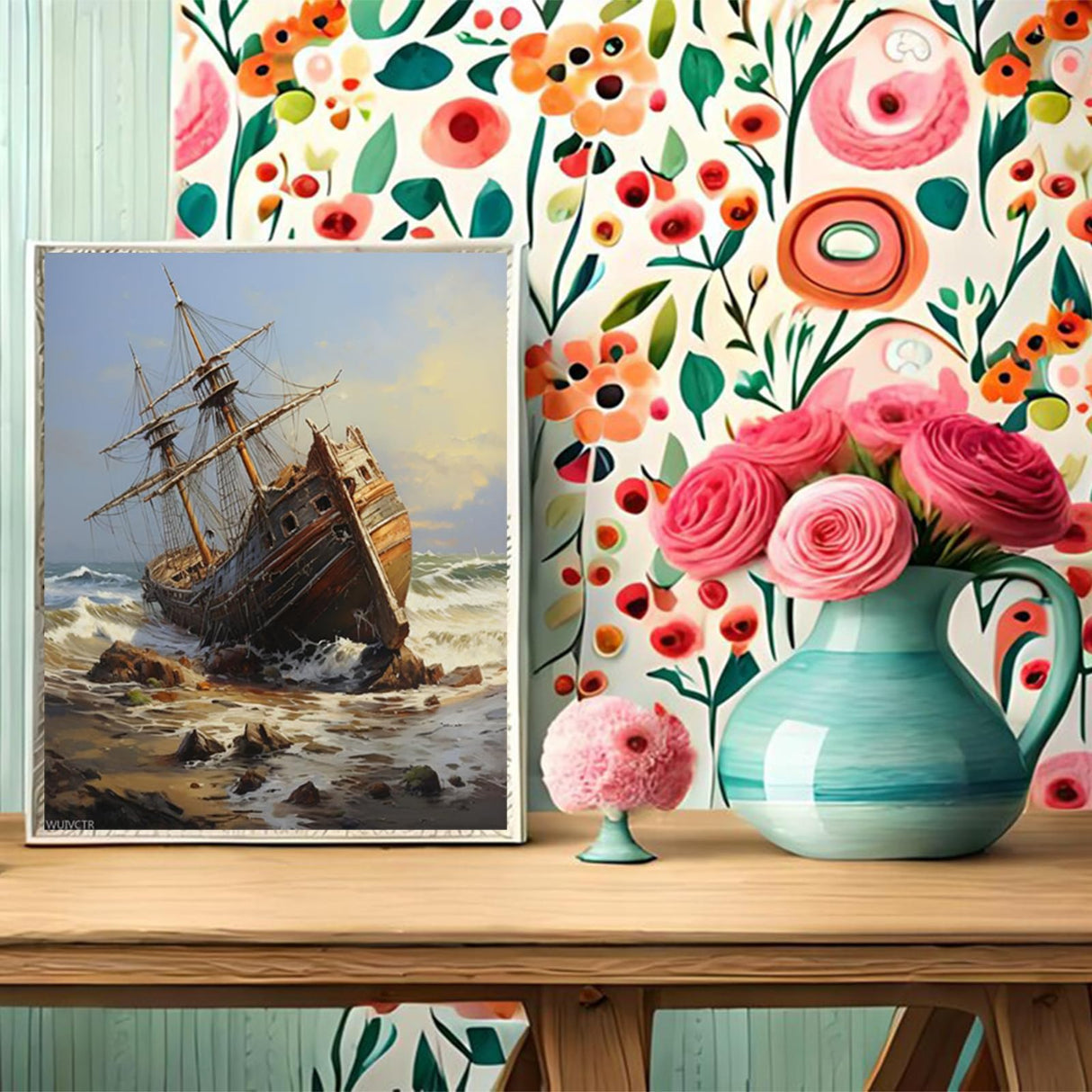 Painting by Number Kits on Canvas, Old Shipwreck in an Ocean Beach, Without Frame DIY Oil Painting Acrylic Paints, Home Wall Decor Gift, 40x50cm WUIVCTR