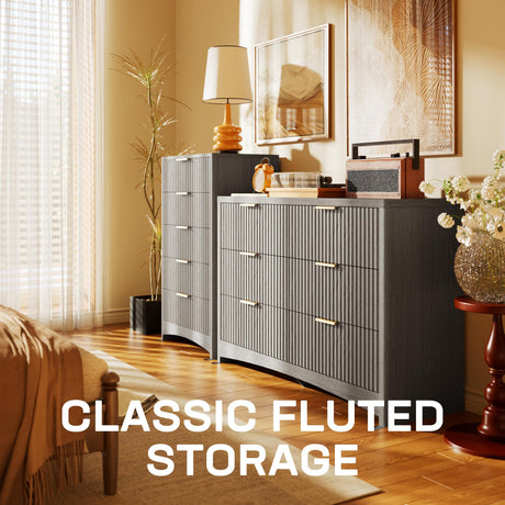 Marsail 5 Drawer Tall Wooden Dresser with Smooth-Glide Drawers, Modern Storage Solution for Bedrooms and Hallway, Featuring Large Capacity and an Elegant Natural Wood Finish, Light Grey Marsail