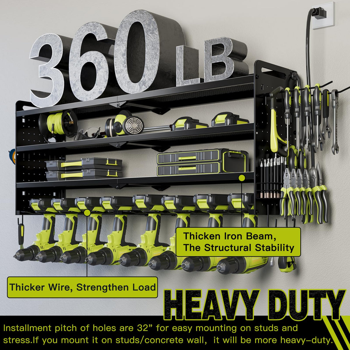 NattyDot Power Tool Organizer Wall Mount with Charging Station,Cordless Tool Organizer 8 Drill Holder, 4 Layer Storage Rack for Garage Organization,Tool Holder with 8 Outlet Power Strip (Black) NattyDot