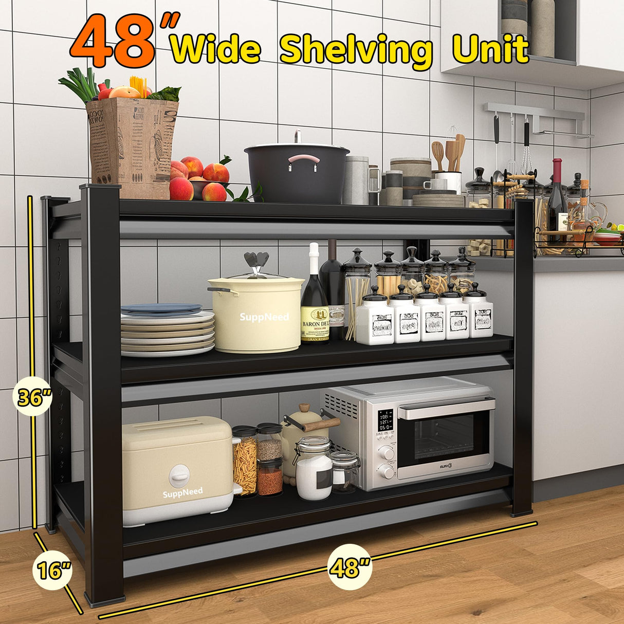 SUPPNEED Adjustable Garage Shelving Heavy Duty 1500LBS Loads, 48”W Large Shelving Units and Storage,48”W×16”D×36”W Garage Storage Shelves,3-Tier Metal Shelves for Warehouses,Kitchen(Black) SUPPNEED