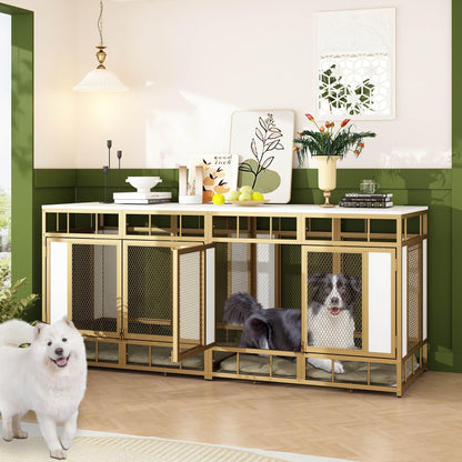 DAWNSPACES Furniture Dog Crate, 71" Heavy Duty Wood Dog Cage Kennel House Furniture with a Removable Divider, Indoor Dog Crate Table TV Stand with Double Doors for Large Medium Breed Dogs, White