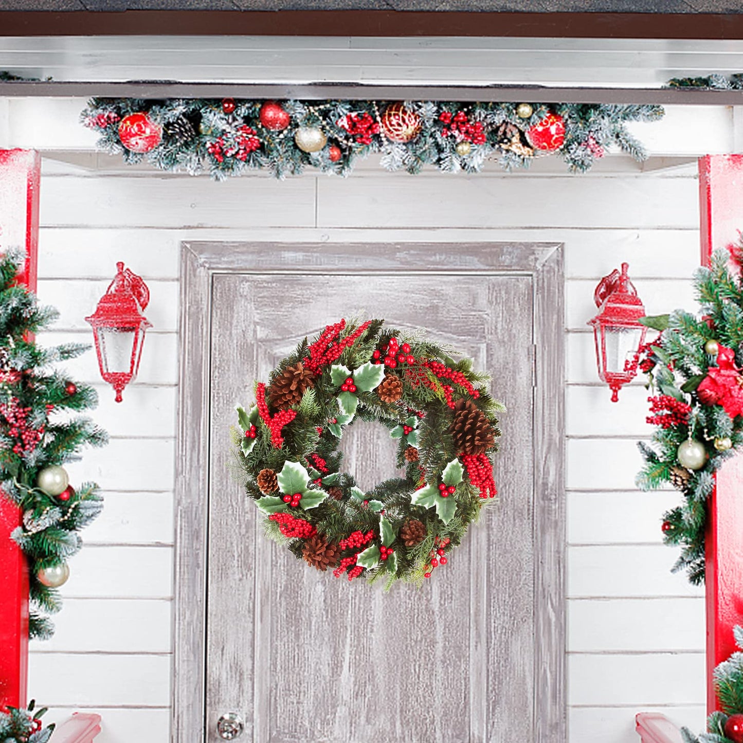 Christmas Wreath Front Door 24 Inch Artificial Christmas Wreath with Berry and Pine Branches Christmas Decorations Indoor and Outdoor Holiday Decorations