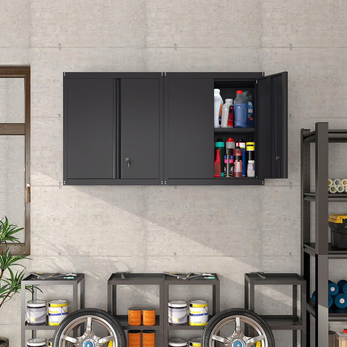 IRONFFICE Metal Wall Storage Cabinet,Steel Garage Hanging Cabinet,Black Cabinets for Storage Wall,Locking Wall Cabinet Small for Home Office,Kitchen IRONFFICE
