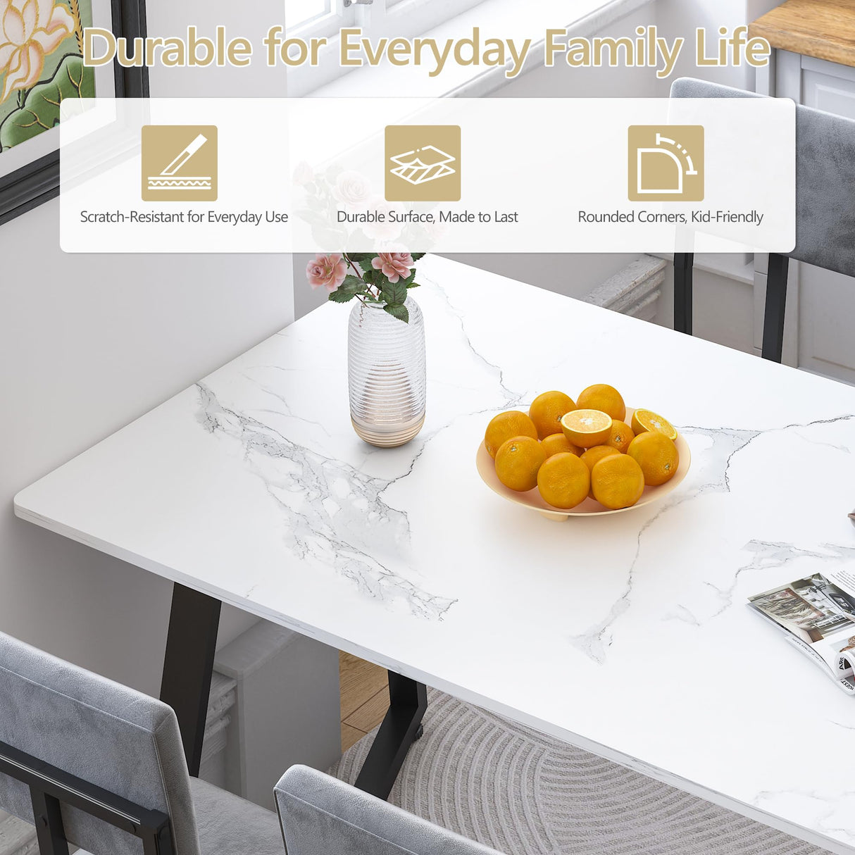 Sesslife 5-Piece Dining Table Set for 4, Modern Faux 47.24" Marble Kitchen Table with 4 Velvet Chairs, Stylish Small Dining Table Set for Apartments & Small Spaces Sesslife