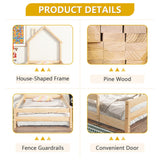 Dolonm Twin Size Montessori House-Shaped Floor Bed Frame with Guardrails in Natural Pine Wood Dolonm