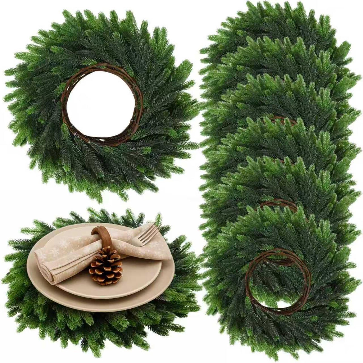 Gandeer Christmas Placemats Set of 6 Round Greenery Place Mats Xmas Circular Artificial Wreath Dining Table Decor Winter Fake Plants Branches Mats for Kitchen Accessories(Norfolk) Gandeer