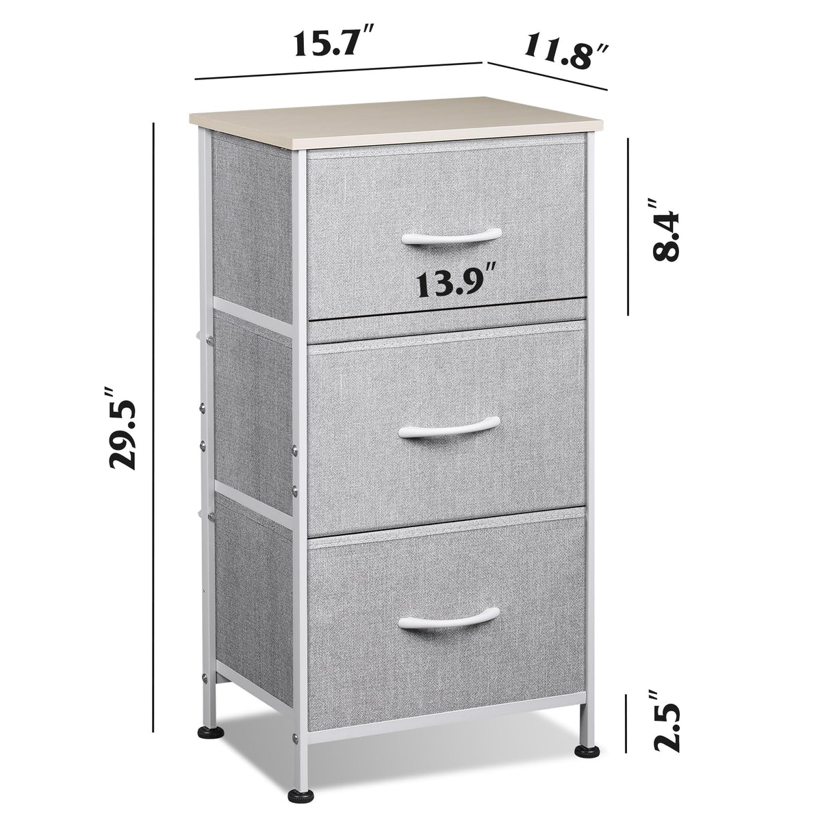 WLIVE Nightstand with 3 Drawers, Fabric Dresser, Organizer Unit, Storage Dresser for Bedroom, Hallway, Entryway, Closets, Sturdy Steel Frame, Wood Top, Easy Pull Handle, Light Grey WLIVE