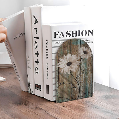 HOYYU Rustic Daisy Wooden Bookends Decorative Shabby Sunflower Book Ends for Shelves Heavy Books Holder Organizer Non-Slip Desk Book End for Kids Room Office School Kitchen Home Desktop Decor 1 Pairs