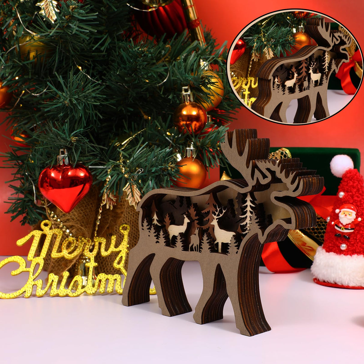Drawely 3D Wooden Animals Carving, Wood Carving Animals Wall Decor, Modern Festival Forest Sculpture Christmas Living Room Office Decor Birthday Gifts for Friend Daughter Son Mom Dad (Moose) Drawelry