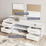 BELLEZE 66" TV Stand for TVs Up to 75", LED Light Entertainment Center with Power Outlet, 4 Drawers and 2-Tier Open Shelves TV Cabinet, TV Console for Living Room, Bedroom - Corrigan (White) BELLEZE