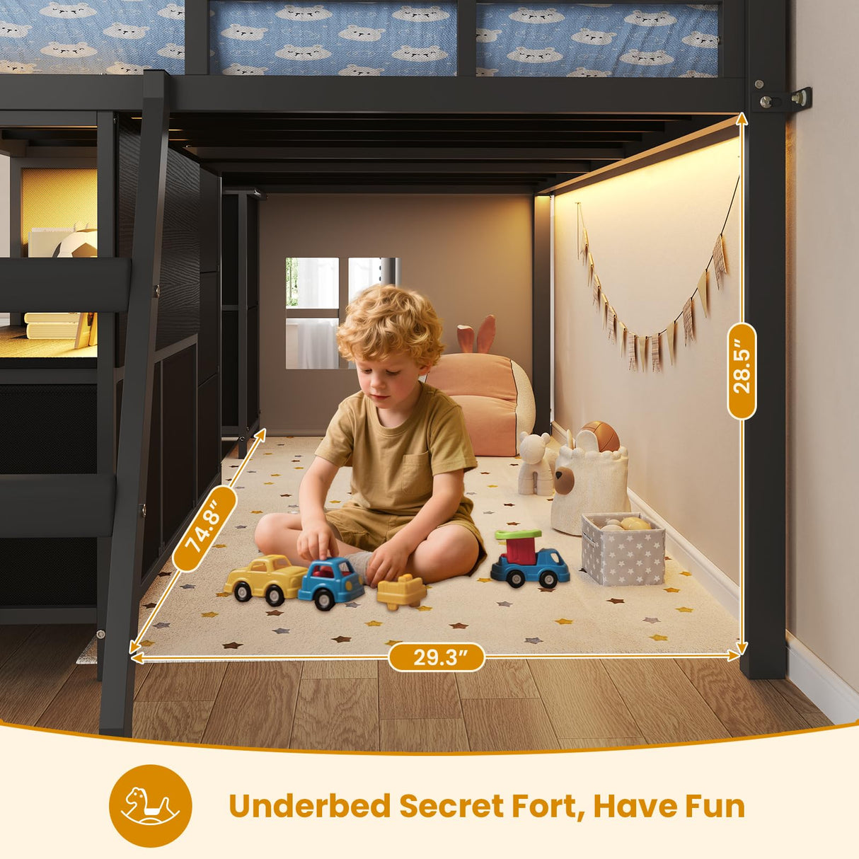 ADORNEVE Low Loft Bed Twin Size with 7 Storage Drawers, Bookcase and LED Lights, Metal Kids Loft Bed with 14" H Safety Guardrail,Inclined Ladder and Play Curtain, Under-Bed Play Space, Black ADORNEVE