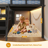 ADORNEVE Low Loft Bed Twin Size with 7 Storage Drawers, Bookcase and LED Lights, Metal Kids Loft Bed with 14" H Safety Guardrail,Inclined Ladder and Play Curtain, Under-Bed Play Space, Black ADORNEVE