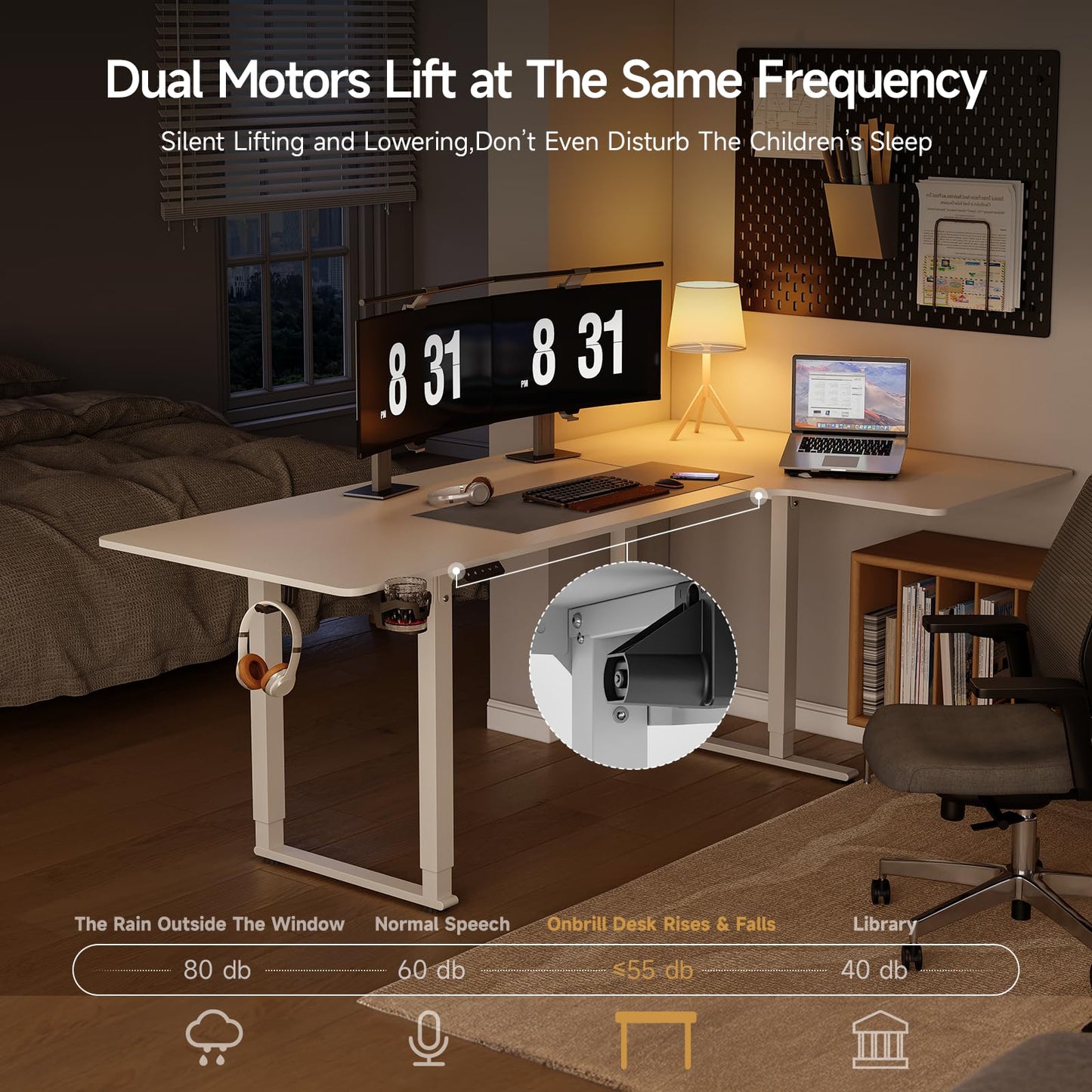 ONBRILL Standing Desk, 71x43 Inches L Shaped Desk with 4 Legs, Dual Motor and Memory Controller, Electric Stand Up Desk Adjustable Height from 28-46 Inches for Computer Workstation White - WoodArtSupply