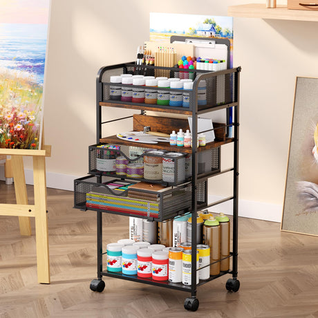 Art cart, 5 Tier Rolling Cart - Utility Cart with Storage Drawer and Wheels, Versatile Art & Craft Organizer for Home, Office, or Studio Ideal for Storing Brushes, Paints Homsorout