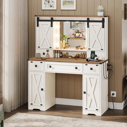 Hasuit Farmhouse Vanity Desk with Mirror and Adjustable Lights in White - WoodArtSupply