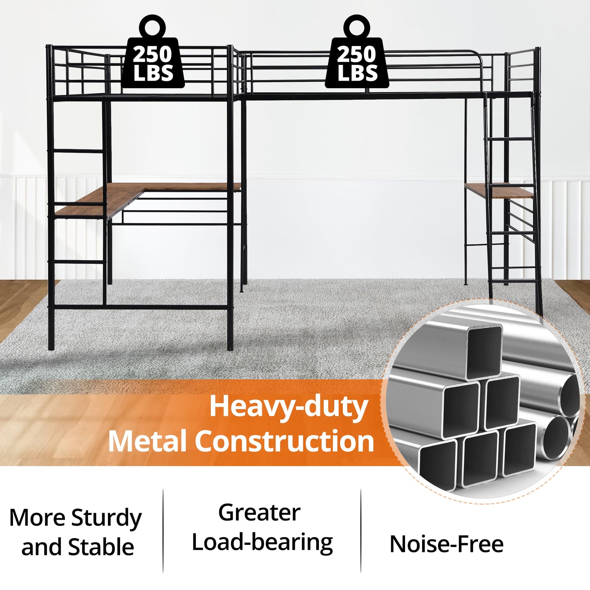 INCLAKE L-Shaped Twin Loft Bed with Dual Desks, Heavy-Duty Metal Frame, Safety Guard Rails, Black - WoodArtSupply