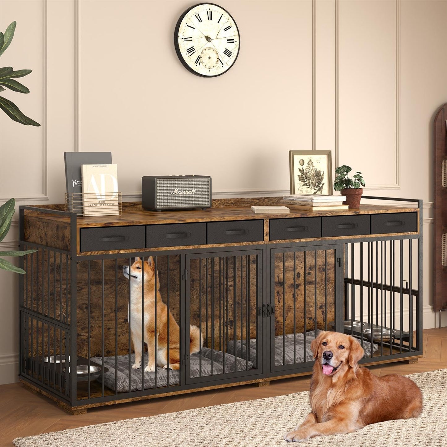 Dog Crate Furniture,86.6 Inch Heavy Duty Metal Frame Double Dog Crate Kennel Cage Furniture with 6 Fabric Storage Drawers,Adjustable Feeder Bowls & Removable Divider - WoodArtSupply