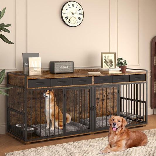 Dog Crate Furniture,86.6 Inch Heavy Duty Metal Frame Double Dog Crate Kennel Cage Furniture with 6 Fabric Storage Drawers,Adjustable Feeder Bowls & Removable Divider - WoodArtSupply