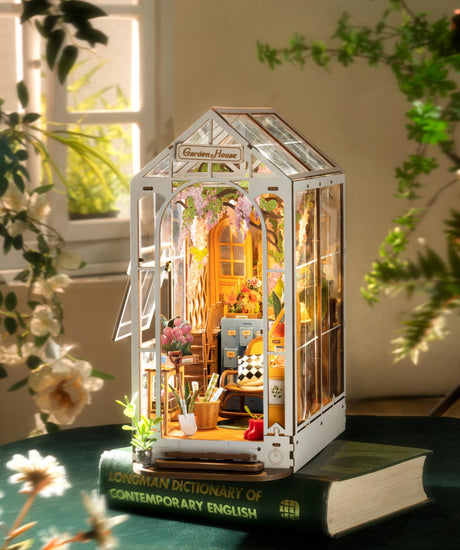 ROBOTIME Book Nook Kit - DIY Miniature House Kit, 3D Wooden Puzzle Booknook, Bookend Bookshelf Insert Decor with LED Light, DollhouseTiny House Hobby Diorama Kit Unique Gifts (Garden House) ROBOTIME