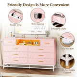 Patikuin Pink Dresser Bedroom with 8 Large Drawer, Tv Stand Dressers with Led Light and Power Outlet, Wood Dresser Drawer Organizers with Deep Drawers, Modern Dresser for Bedroom, Closet, Hallway, Patikuin