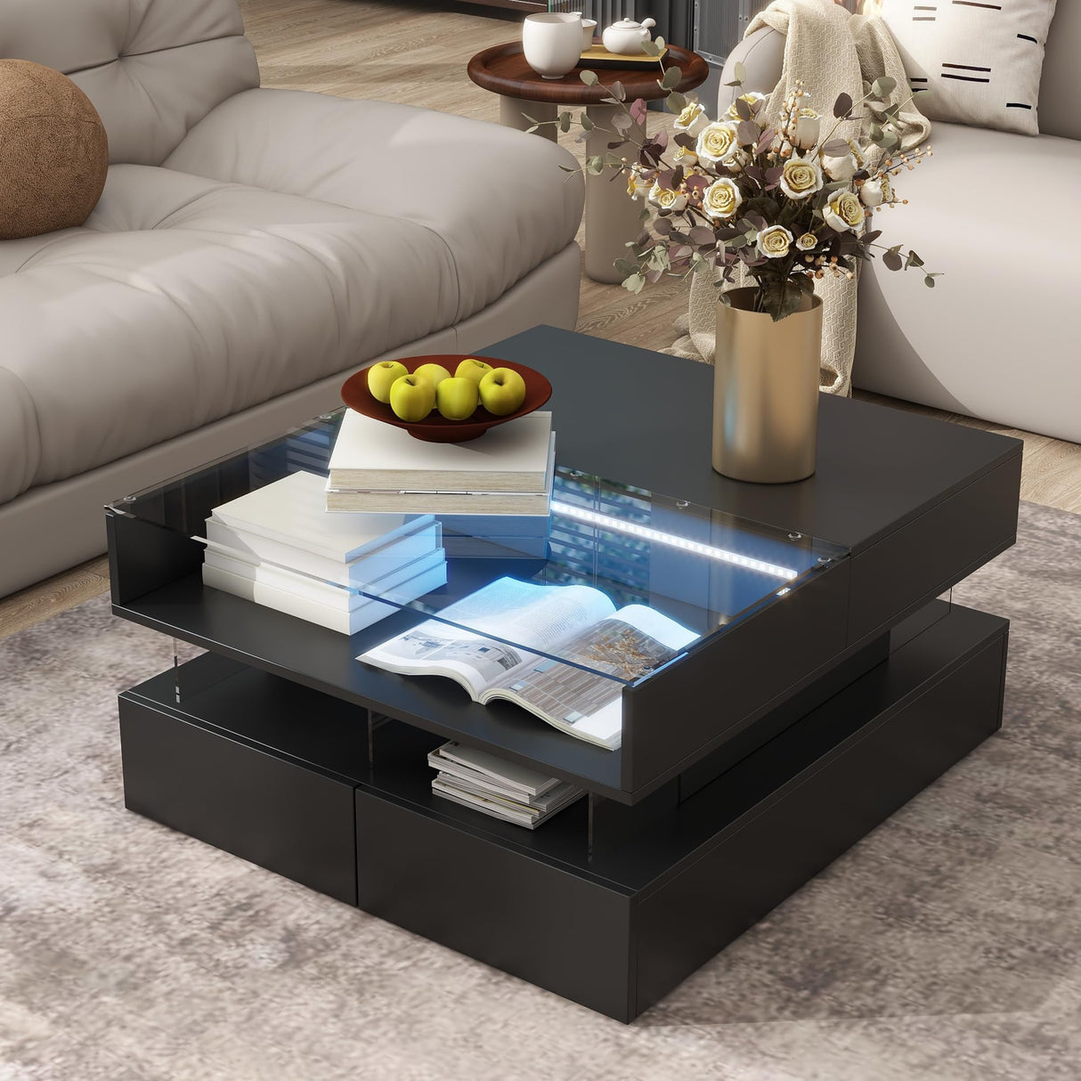 Polibi Lift-Top Coffee Table with Glass Top and High-Gloss Finish,Modern Square Coffee Table with 2 Drawers,Hidden Space and LED Lights for Living Room,Black Polibi