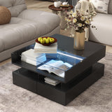 Polibi Lift-Top Coffee Table with Glass Top and High-Gloss Finish,Modern Square Coffee Table with 2 Drawers,Hidden Space and LED Lights for Living Room,Black Polibi