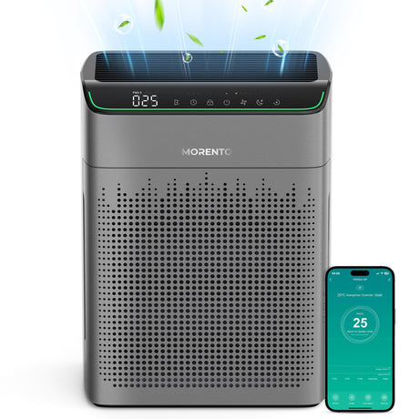 MORENTO Air Purifiers for Home Large Room Up to 1690 ft² with PM 2.5 Air Quality Monitor, Wi-Fi and Alexa compatible, HEPA Filter Double-sided Air Inlet for Smoke and Odor, 1 Pack+2 Pack Filters Grey MORENTO
