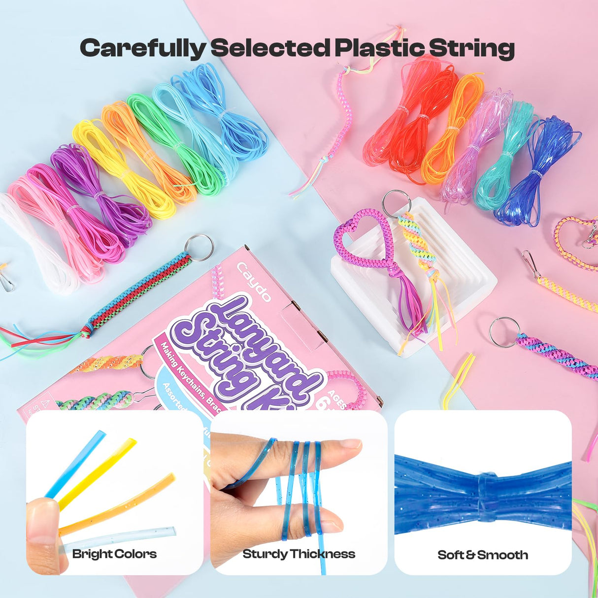 Caydo Plastic Lanyard String Kit, 15 Colors 2 Style Plastic String, Boondoggle String Kits with 40Pcs Key Chain Accessories and Instruction, Gimp String for Crafts, Keychain, Bracelet, Jewelry Caydo