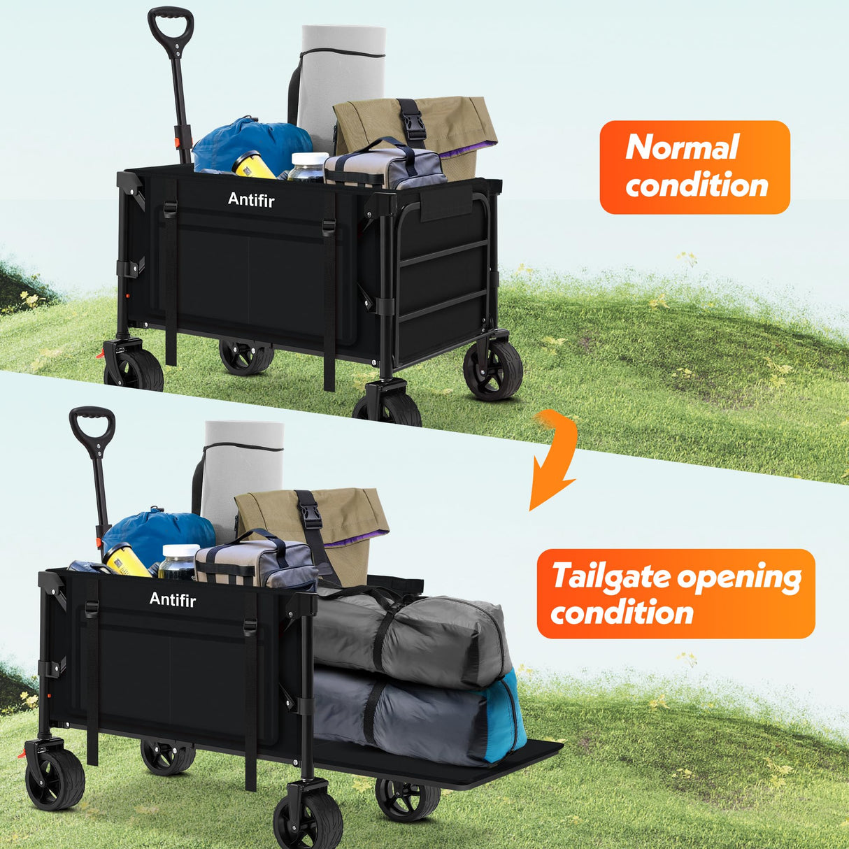 Collapsible Folding Wagon Cart with Tailgate,330LBS Resting Weight Capacity Beach Wagon with All-Terrain Big Wheels,Heavy Duty Foldable Utility Wagon Cart for Groceries,Sports,Shopping,Camping,Black Antifir