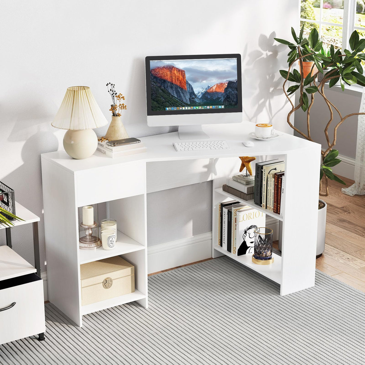 Giantex White Desk with Drawer, 48 Inch Corner Desk with Storage Shelves, Laptop PC Table for Workstation, Vanity Table for Bedroom, Modern Wood Executive Study Writing Table for Small Space Giantex