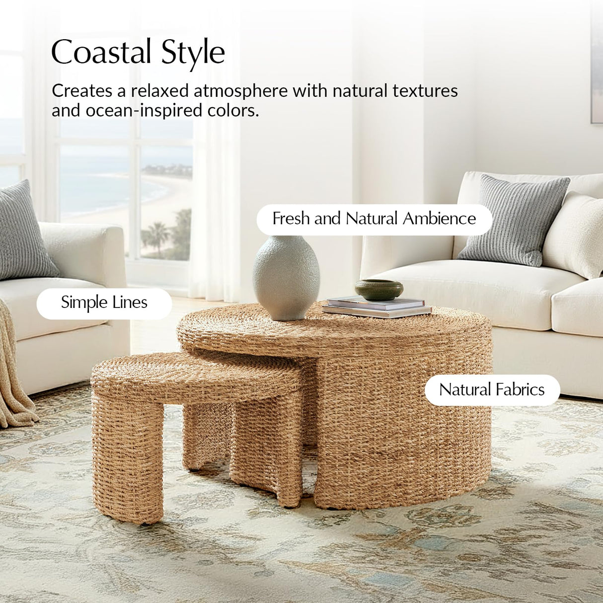 HULALA HOME Coastal Nesting Rattan Coffee Table, Large 39.75" and Small 24.5" Tables, Natural Water Hyacinth Bamboo Frame HULALA HOME